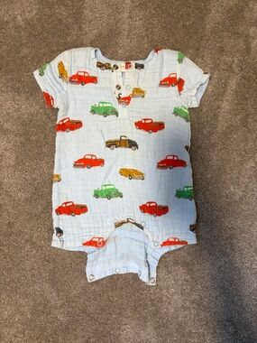 Angel Dear Light Blue Baby Romper with Red, Green & Yellow Vintage Car Print
